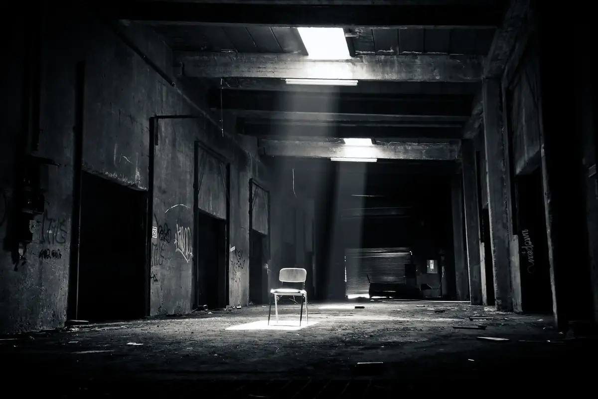 Chair in the middle of a creepy abandoned warehouse