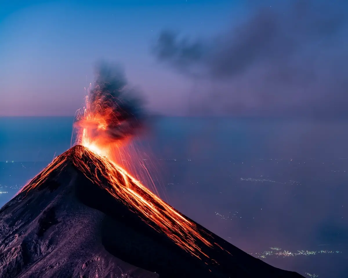 Volcan Fuego volcano in Guatemala erupting and spewing lava at night