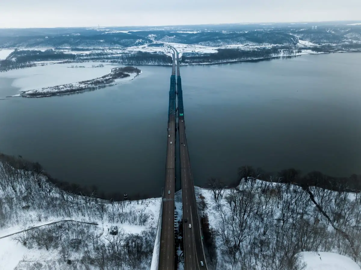 Aerial view of bridge over water and land in Peoria, Il