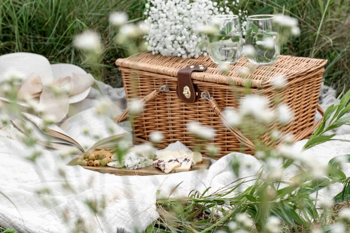 Photo of picnic basket, picnic blanket and white flowers